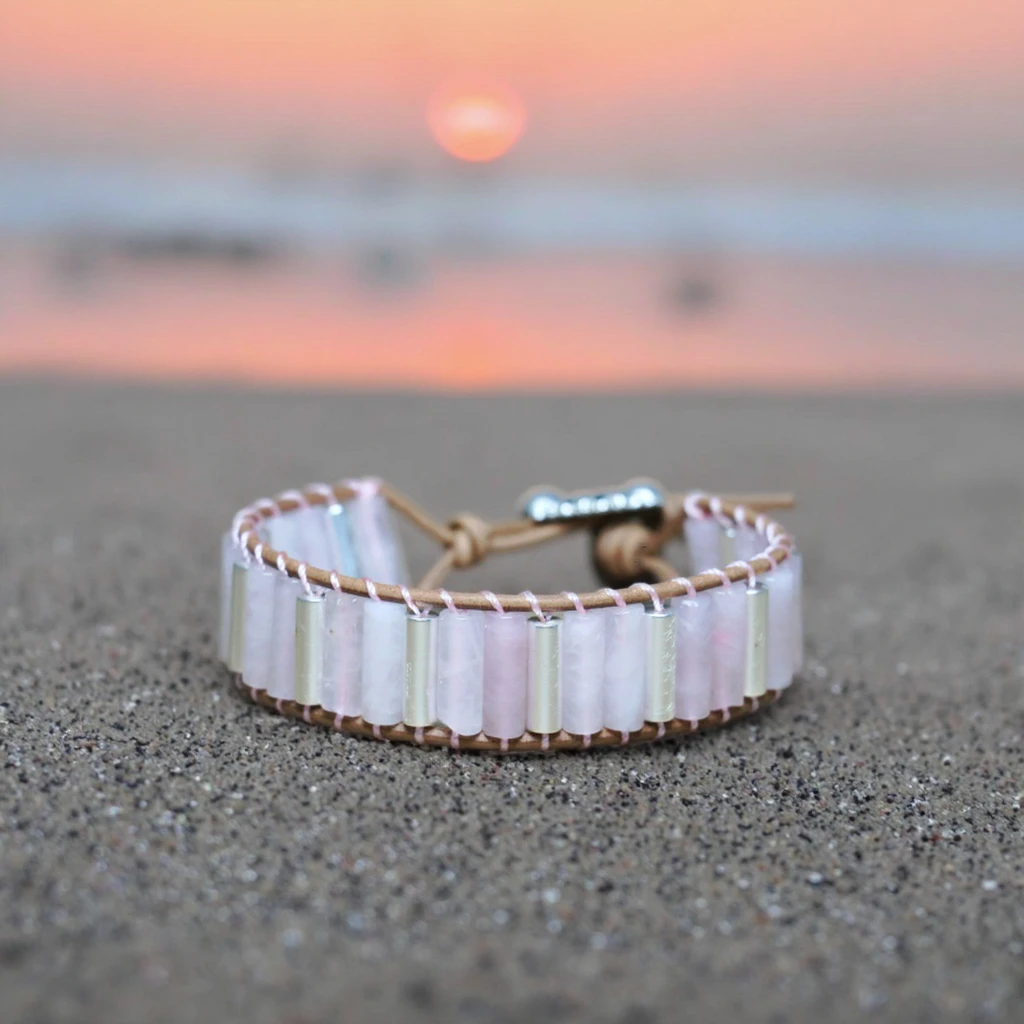 Handmade Women's Natural Rose Quartz Bracelet Vintage Leather Wrap