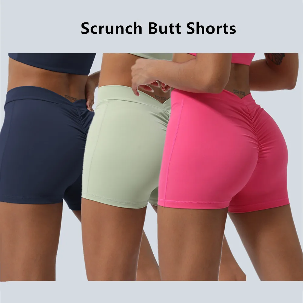 Summer Yoga & Gymnastics Nylon Spandex Biker Shorts Sexy Vcross Pure Colors Scrunch Butt