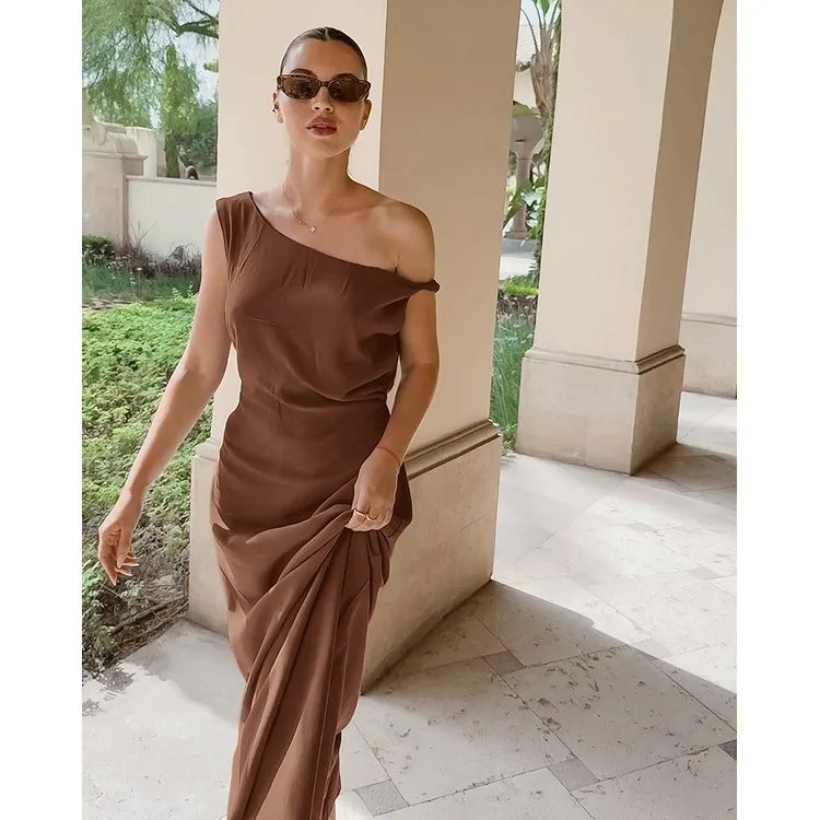 Women's Summer French Elegant Brown Cotton Linen Dress Off Shoulder High  Waist Asymmetric Neck A-Line Long Maxi Dress| Alibaba.com