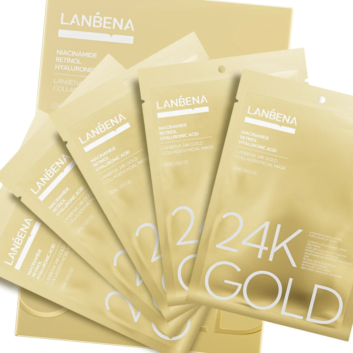 Lanbena Official 24K Gold Collagen Facial Mask Sheets Skin Treat Blemishes Sebum Control for All Skin Type