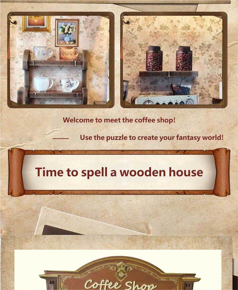 product coffee house doll houses 3d wooden puzzle ce certified eco friendly miniature architecture book nook-3