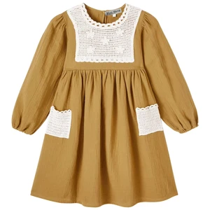 High Quality Khaki Long-Sleeved Dress for Girls Summer Party Sweet Luxurious Ruffles Lace Pattern Cotton Straight