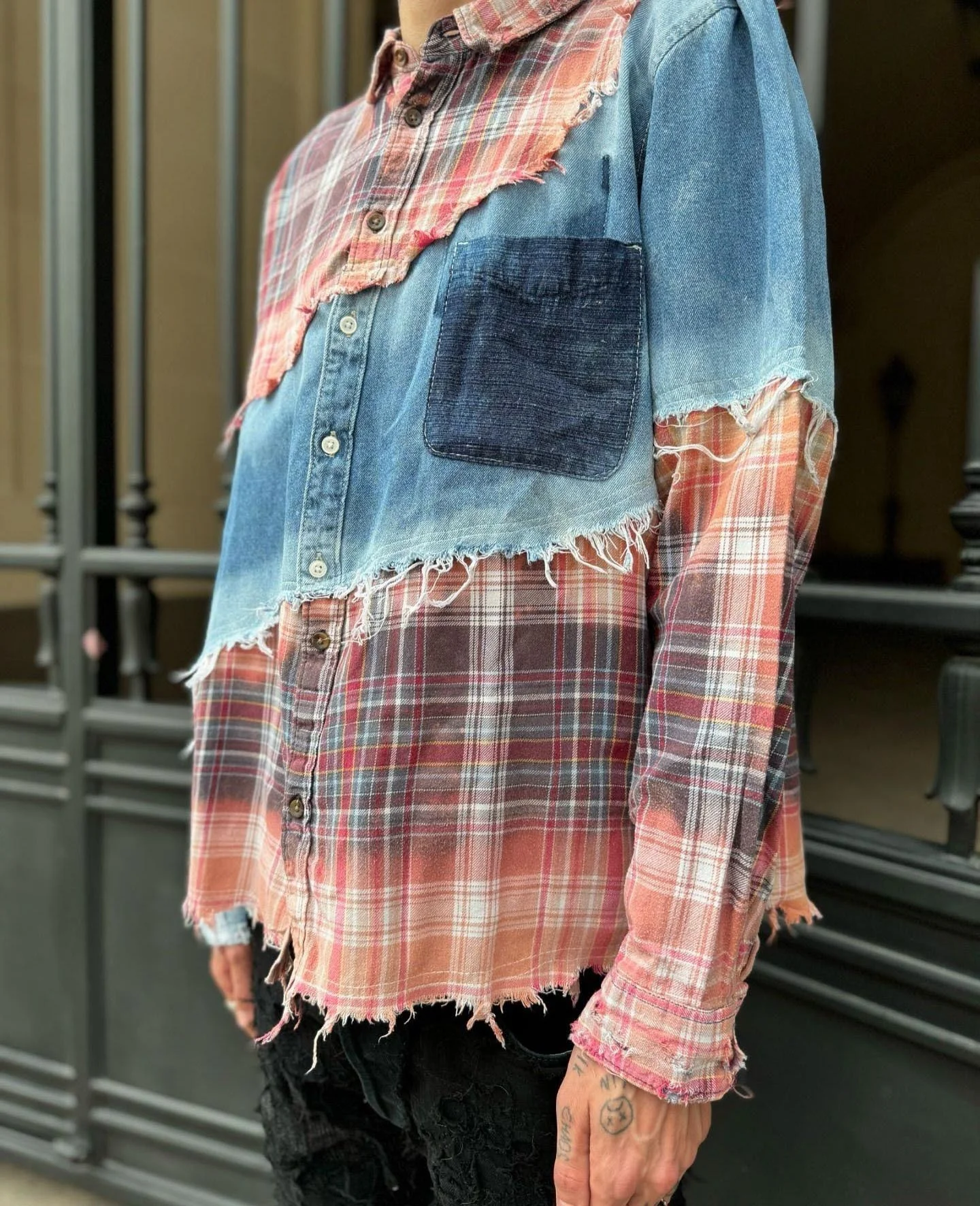 Salati Custom Cut Sew Oversized Button Acid Wash Vintage Distressed Panel Plaid Mix Flannel Denim Shirts Men Spring Quick Dry gallery 3
