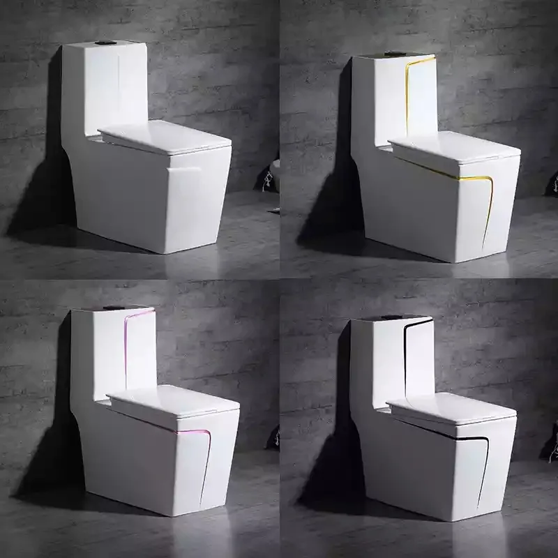 Luxury modern design white and gold line color square water closet bathroom wc one piece ceramic sanitary ware toilet bowl details