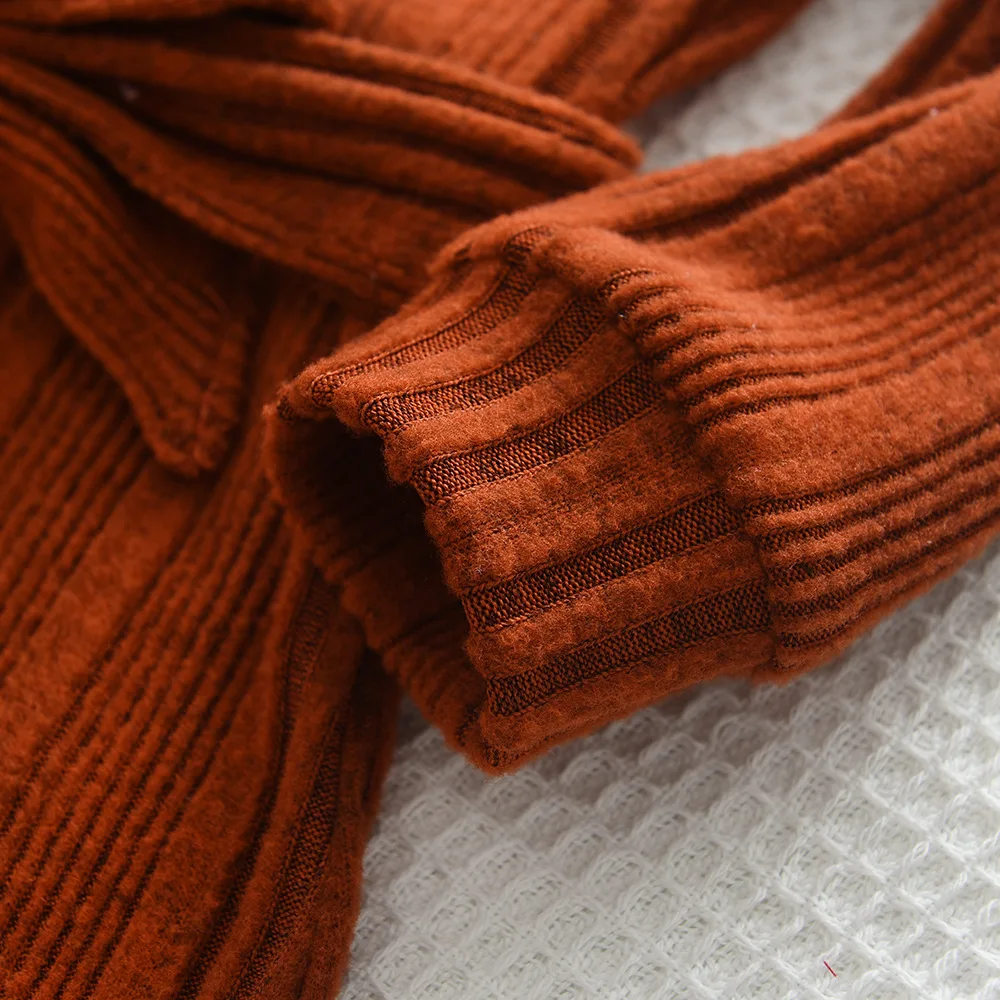 Q31113 Fall Winter Elegant Girls camel Mock High Neck Belted Flare Sleeve Ribbed Knit Sweater Dress