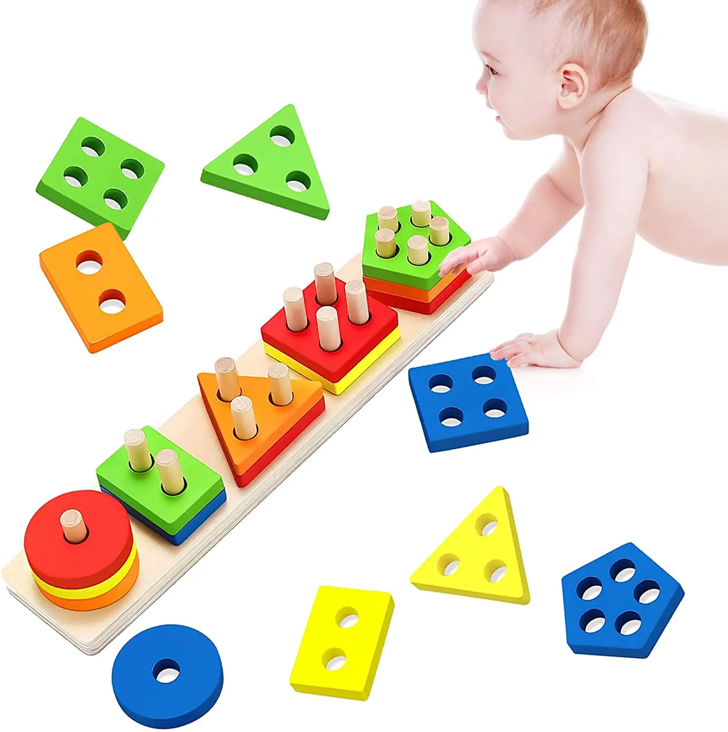 Free Sample Montessori Toys for 18+ Months Wooden Sorting and Stacking Toys  for Baby Shape Sorter and Color Stacker Wood Gifts
