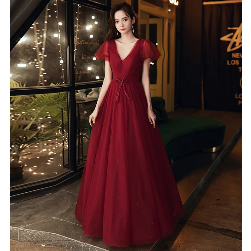 Fashion Ladies 2020 Long Red Sexy Mesh Pleated Elegant Formal Evening with  Sleeves Prom Dresses
