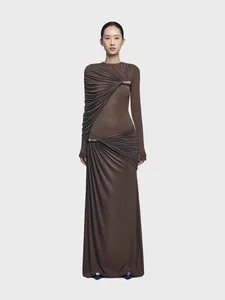 2026 Ramadan Fashion New Metal Pleated Brown Long Dress Long Sleeve Knitted Classic Elegant Formal Dress