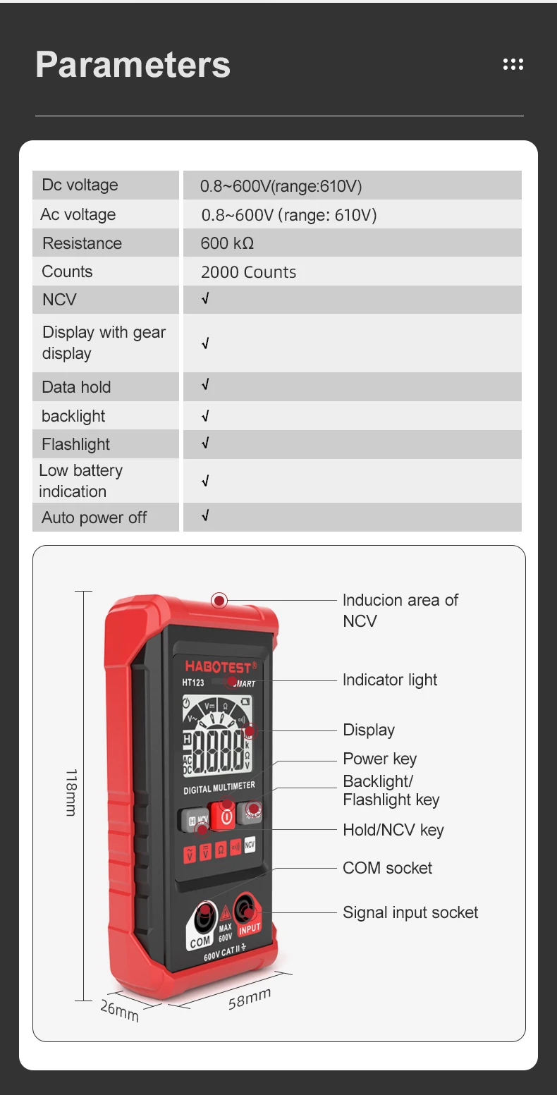 最便宜的 Ruto 系列萬用電錶 HABOTEST HT123 NCV LCD 顯示家用數位萬用電錶