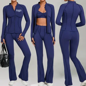 Custom Breathable Gym Fitness Zip up Jacket 3pcs Sports Bra Flared Pants Active Stretchy Soft Tight Pockets Active Workout Sets