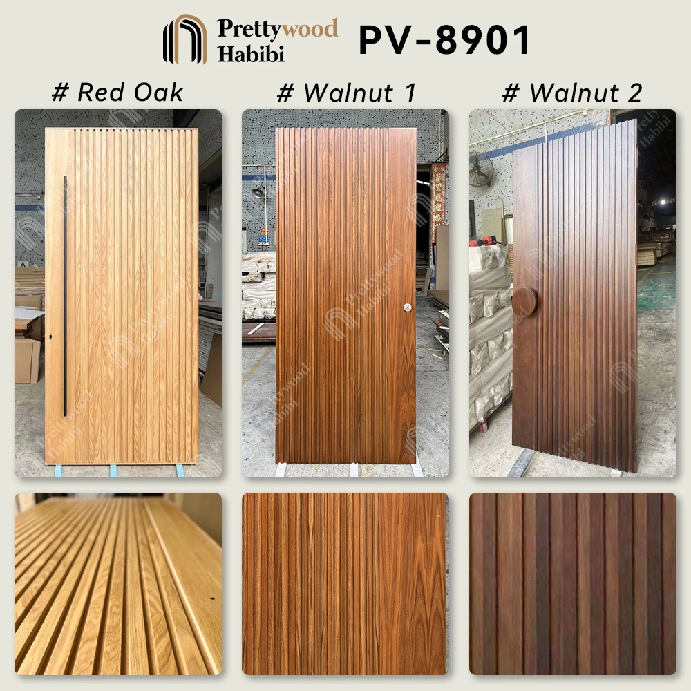 Prettywood Residential Modern vertical Slats Design MDF Grey Painting Solid Wooden Bedroom Interior Door For Houses details