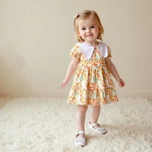 Cute Cotton Baby Dress for Girls Summer Stock Casual Floral Ruffles 3D Flower Pattern Knee-Length Sequined for Infants Children