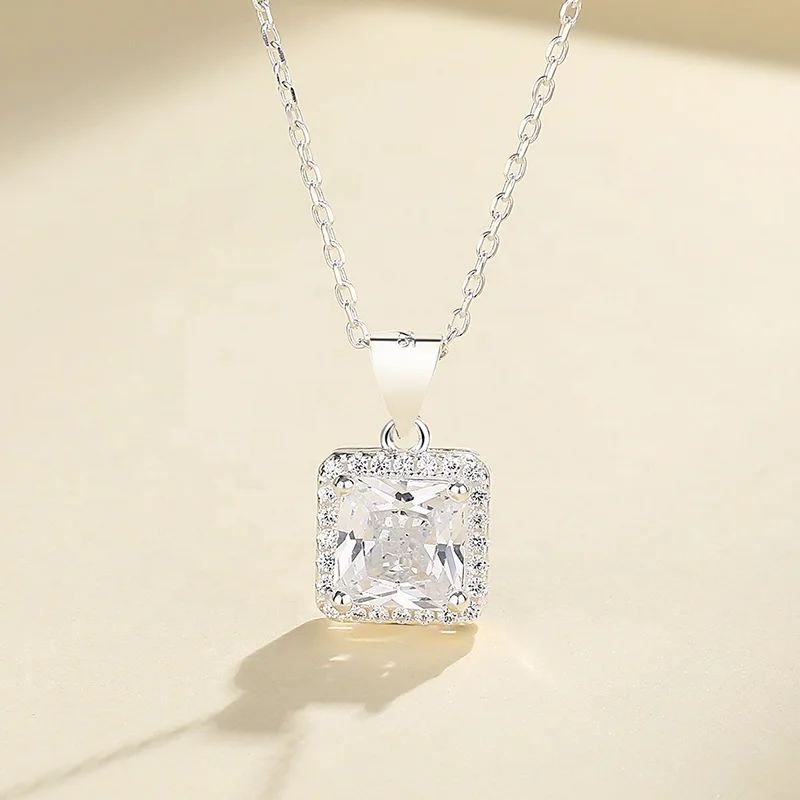 New Design Classic Customizable Square Diamond Cut Crafted Crystal 925 Sterling Silver Necklaces for Women