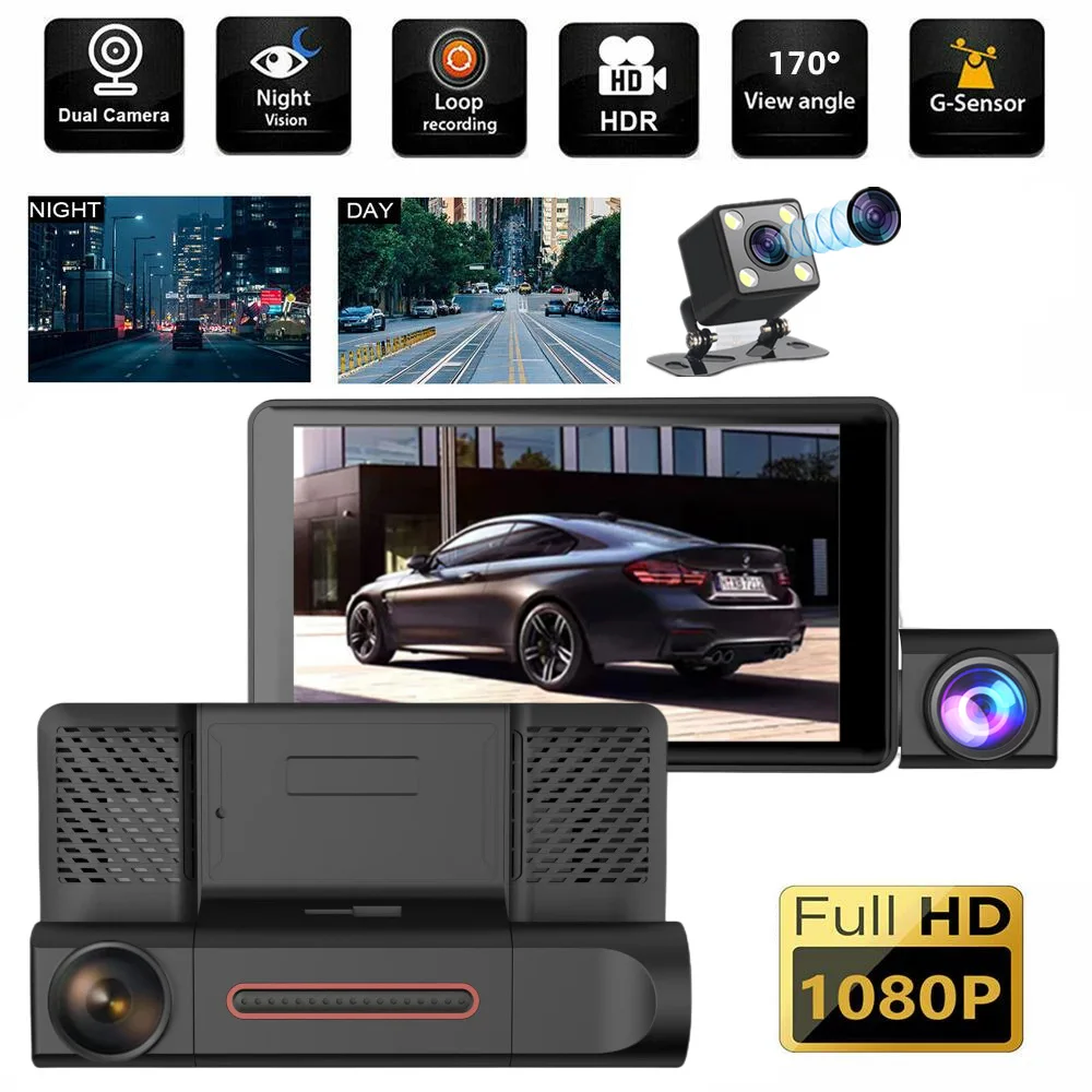 Cheapest 3 Lens Car Video Recorder HD1080P C3 Dash Cam Car Black Box 4inch IPS Camera Recorder Night Vision Loop Recording Dvr