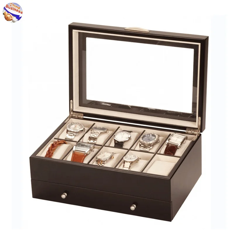 Luxury Watch Display Case With Large Glass Window Wood Leather Box