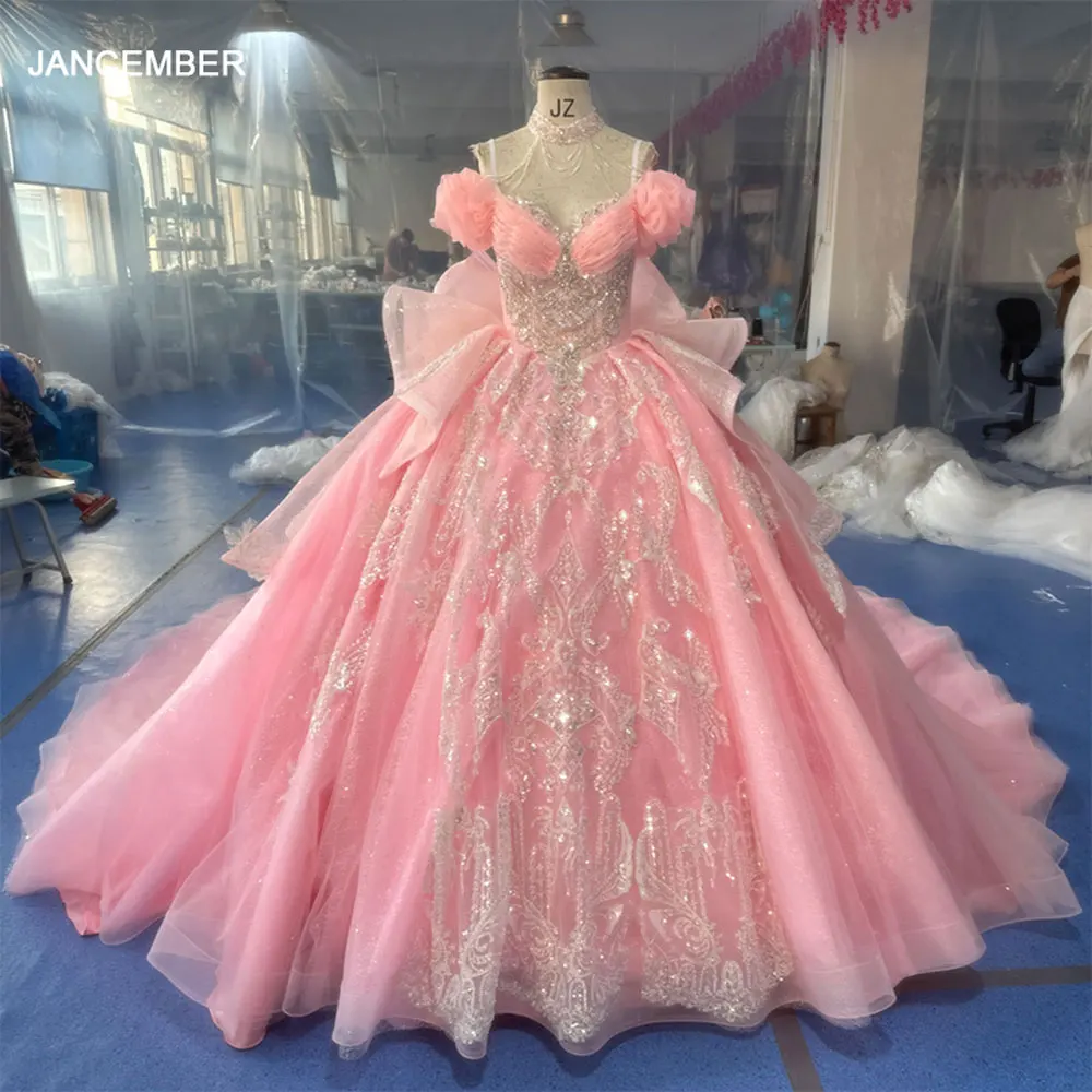 Gorgeous Pink Long Train Handmade Bridal Gown With Beading Bow