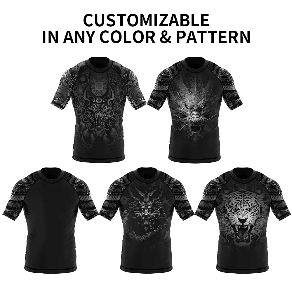OEM anti-slip gummilangærmet MMA-rash guard-sæt, leverandør af tilpasset logo-printet kompressionshøjre og korte sublimations-rashguard
