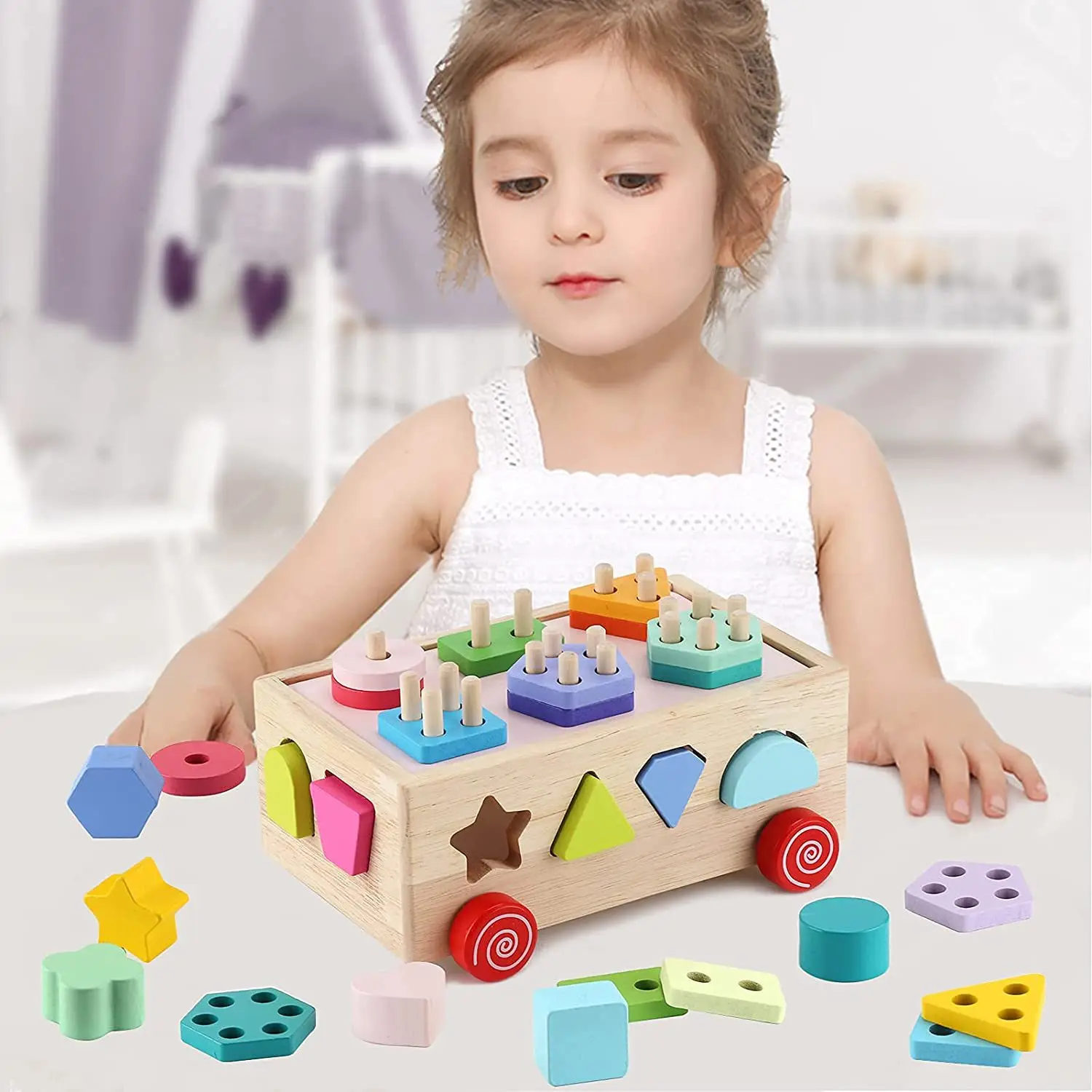 Children Wooden Montessori Shape Matching Trolley Blocks Game