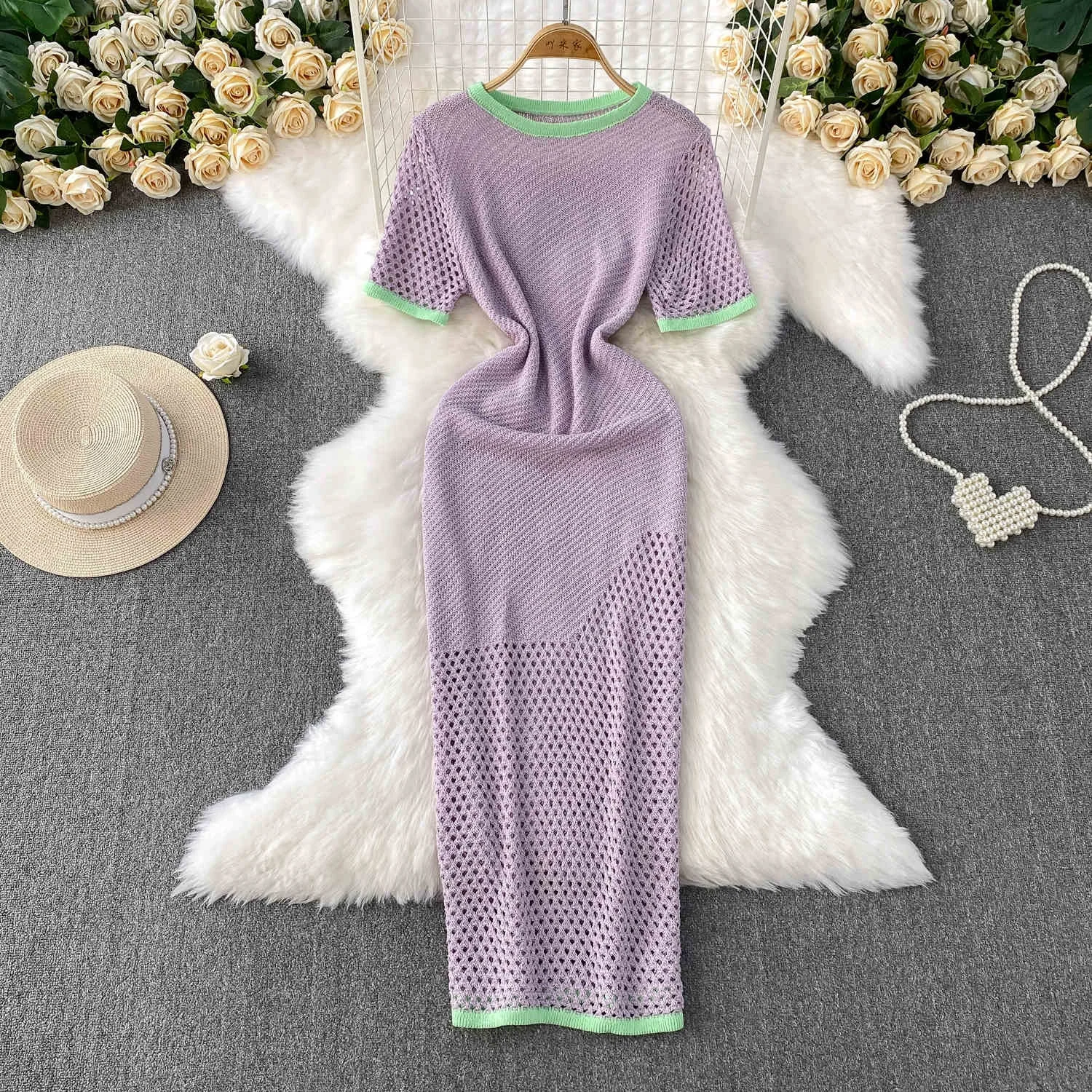 French Color Clash Round Neck Knit Dresses Women Summer Hollow Out Long  Dresses| Alibaba.com