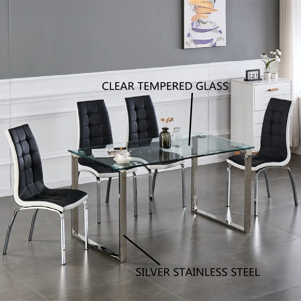 New Design Modern Dining Room Furniture Silver Stainless Steel 12mm Thick Tempered Glass 4 Seater Modern Dining Table Set