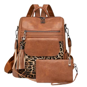 custom logo 2026 Vintage Leopard Print Women's Fashion Backpack with Zipper Closure Waterproof Large Capacity PU Polyester Lining Wholesale