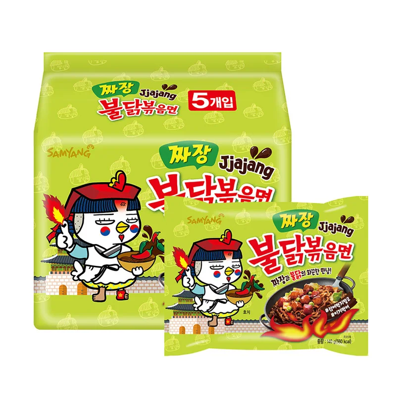 Wholesale Green Bag Super Spicy Chili Sauce Noodles Chicken Stir Fried Ramen Korean 140g*5packs