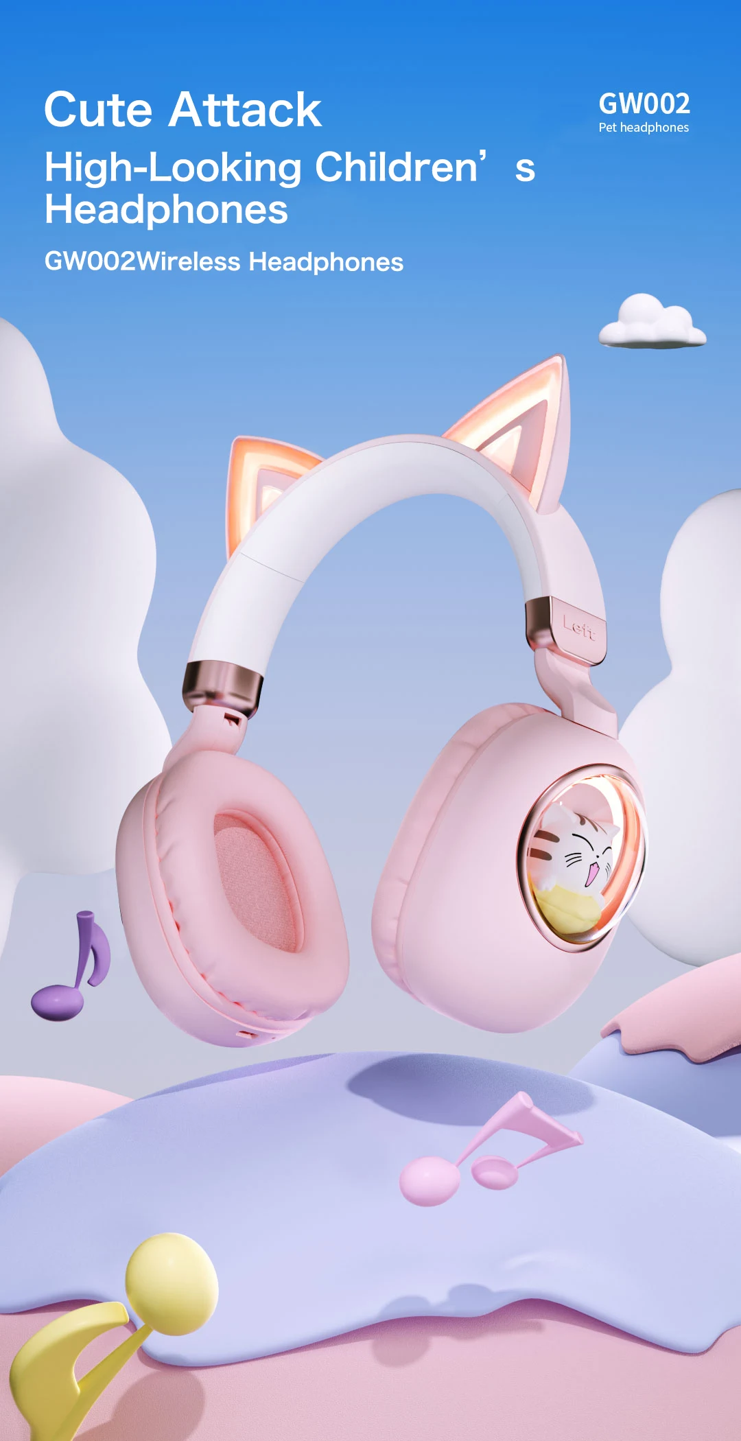 400mah Battery Capacity Rgb Trichromatic Lighting Kids Cartoon Headphones Wireless Bt
