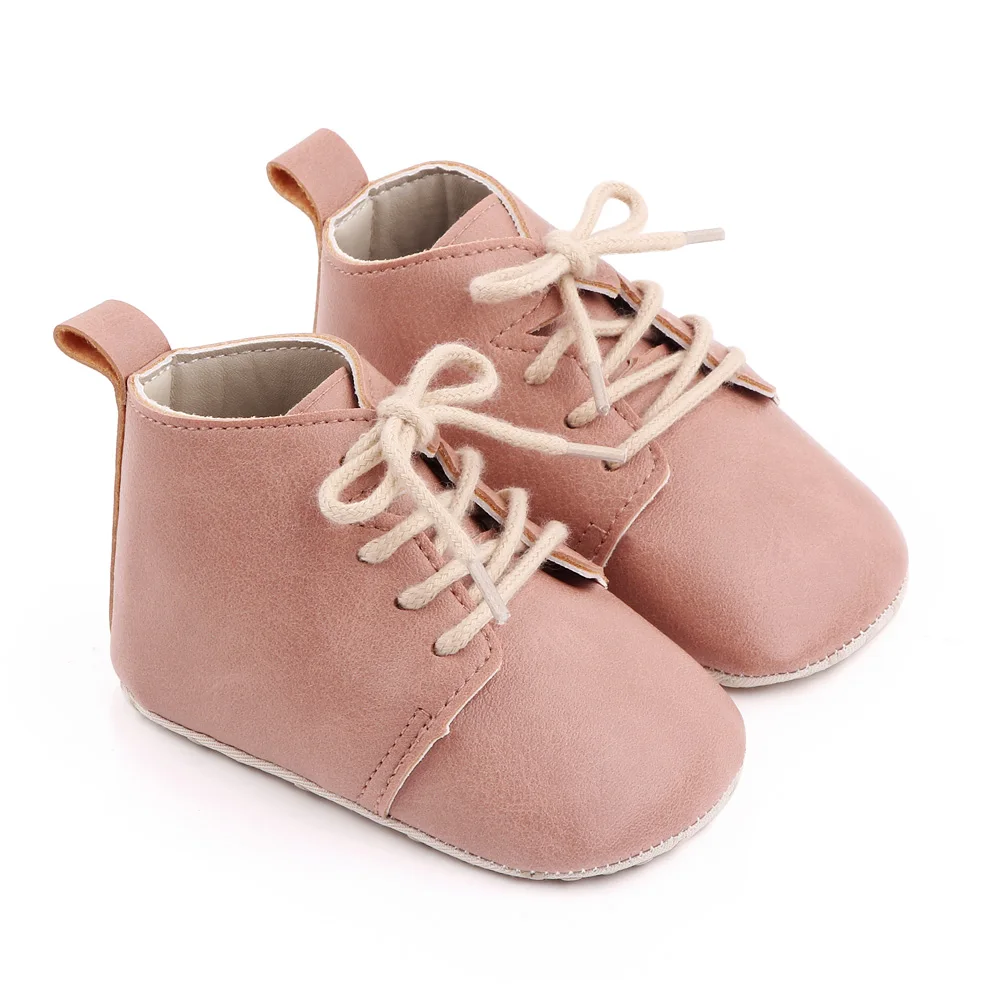 Spring and Autumn Baby Girls PU Leather British Style Front Lace-up Solid Color Infants Walking Shoes supplier