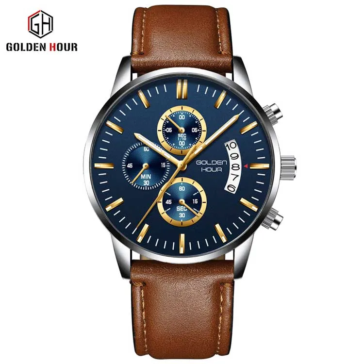 GOLDEN HOUR GH125-L fashion Brown unisex quartz watch vive PU leather band 3 dials calender Concise outdoor watch company