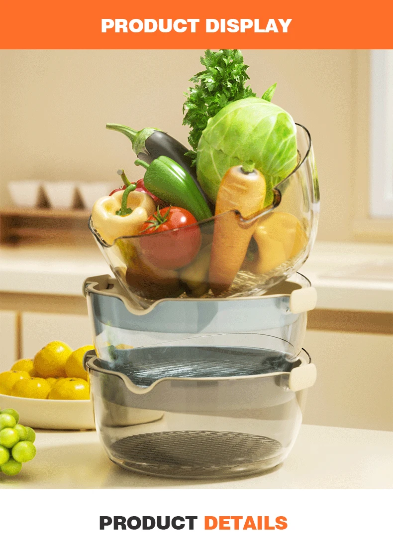 Wannuo 3 Layers Kitchen Fruit & Vegetable Wash Basket Large Capacity Vegetable & Fruit Drain Basket with Concave Drain factory