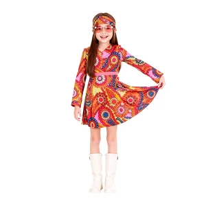 Kids Retro Hippie Costume Psychedelic Print Bell Sleeve Dress for Stage Performance 70s Theme Gatherings Comfortable Breathable