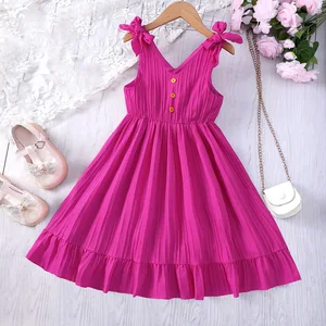Girls' Children Summer Casual O-Neck Lace Decoration Solid Rose Red Knee-length Eco-friendly A-line Dress ODM