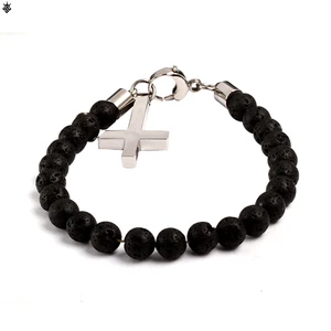Tizti Jewelry Hot Selling Wholesale Custom 8mm Cross Charm Beads Natural Stone Lava Bead Men Bracelet for Couple