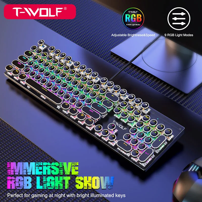 T12 T75 Colorful Backlit Gaming Keyboard 104 Keys Running Light rainbow RGB Mechanical Game Keyboard