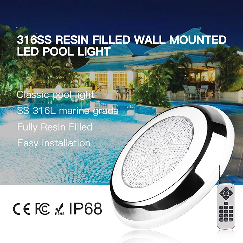 Classic RGB Pool Light IP68 Waterproof 316 Stainless Steel Surface Mounted Swimming Ponds Fountains 12V Outdoor Warm Green Blue
