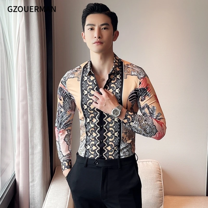 2022 Men Gentleman Long Sleeve Lapel Zebra Leaf Printed Shirt New Fashion Button Formal Royal Court Hot Sale Casual Shirt