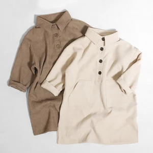 2026 New Kids Long-sleeved Dress Children's Casual Custom Embroidered Crew Neck Solid Color Girls Dresses