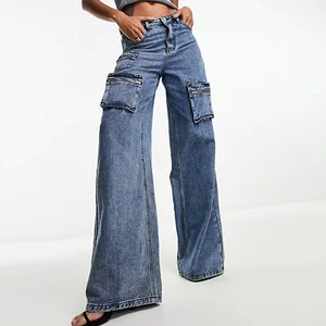 Vintage Collection Wholesale Pants Vintage High Waist Jeans Wide Leg Multi Pockets Street Style Women Pants