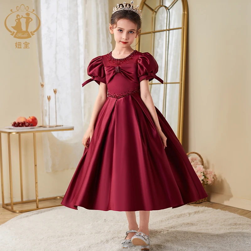 Nimble Wine Red Bows Satin Birthday Clothes Flower Girls Wedding