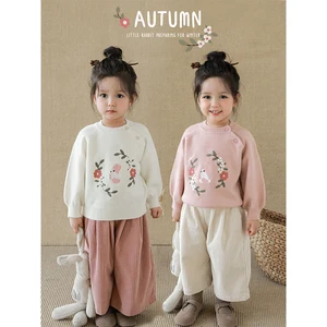 Girls Single-Sided Embroidered Sweater Autumn Children's Fashion Cute Ribbed Edge Windproof Warm Raglan Top