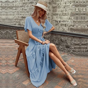 Fashion Women Short Sleeve Pleated Midi Dress Summer Casual Ruffle Dresses Soild Colour V Neck