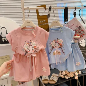 Summer Casual Style Girls Cotton Short-sleeved T-shirt and Short Pants Set in Medium and Large Sizes Children Clothes for Kids