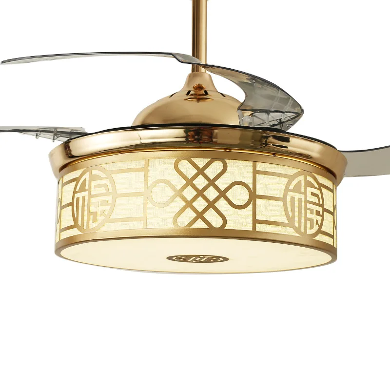 Hot sale hidden blade Metal Acrylic lamp lighting folding ceiling Color stitching led fan