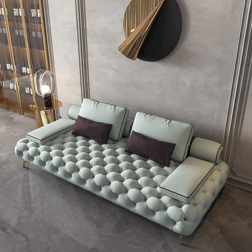 Leather Button Sofa 3 Seater Leather Set Genuine Light Blue Luxury Chesterfield Premium Sofa Set Furniture Living Room