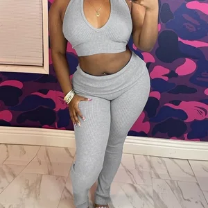 Viviblook D25ST235 Sexy Threaded Sleeveless Halter Lace up Vest Folding Pants Two-piece Set for Women Tracksuit