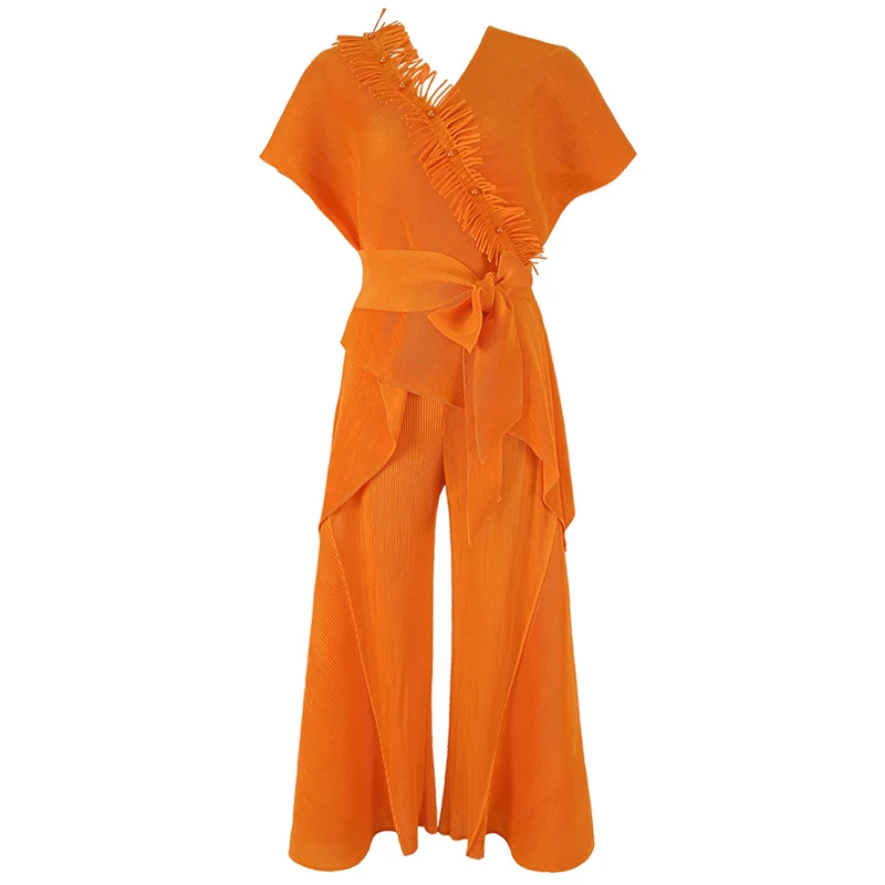 Женский плиссированный костюм из двух предметов топ с V-образным вырезом и брюки-султанки бусинами дизайнерская одежда Индийского цвета для весны лета 2021