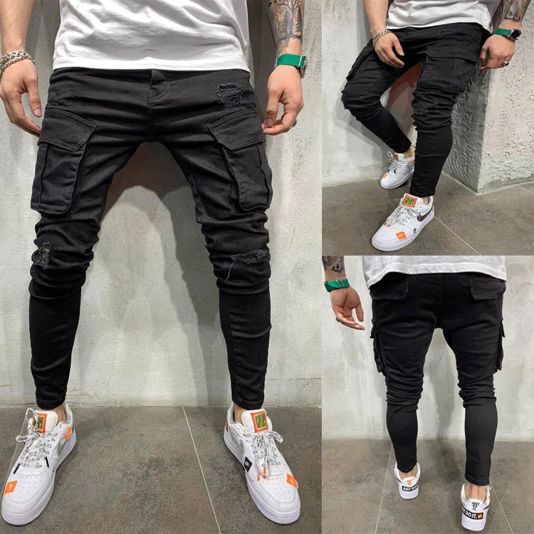 2021 Popular Style Men Multi Pockets Cargo Pants Stretchy Slim Fit Ripped Jeans