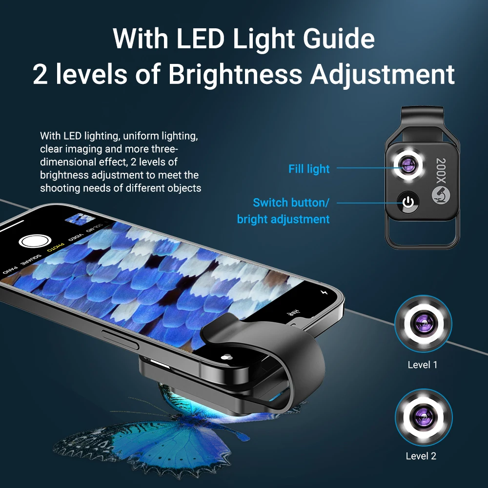 Microscope Pour Téléphone Portable 200x - Loupe Avec LED - APL-MS002 - Poids 17,5 G - 2
