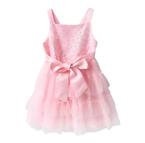 Customizable Summer New Design Sequined Tulle Girls Dresses Sleeveless Bows Pink Cute Kids Princess Dresses