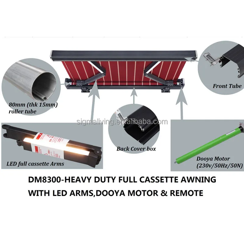 Customized new outdoor aluminum  full cassette retractable awning with LED